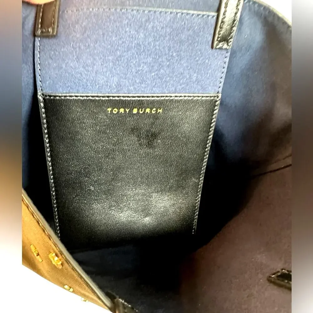 Tory Burch Black Leather Tote Bag with Gold Star Accents